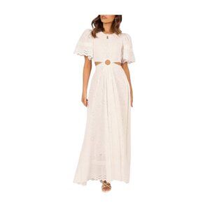 Cottage Core Amable White Eyelet Midi Dress With Puff Sleeves & Cut-Out Detail